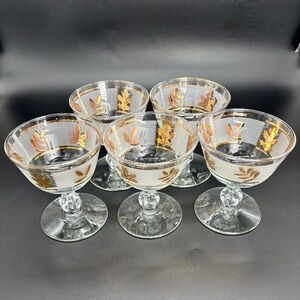 Libbey Vintage 22kt Gold Foliage Coupe Glasses.  Set of 5